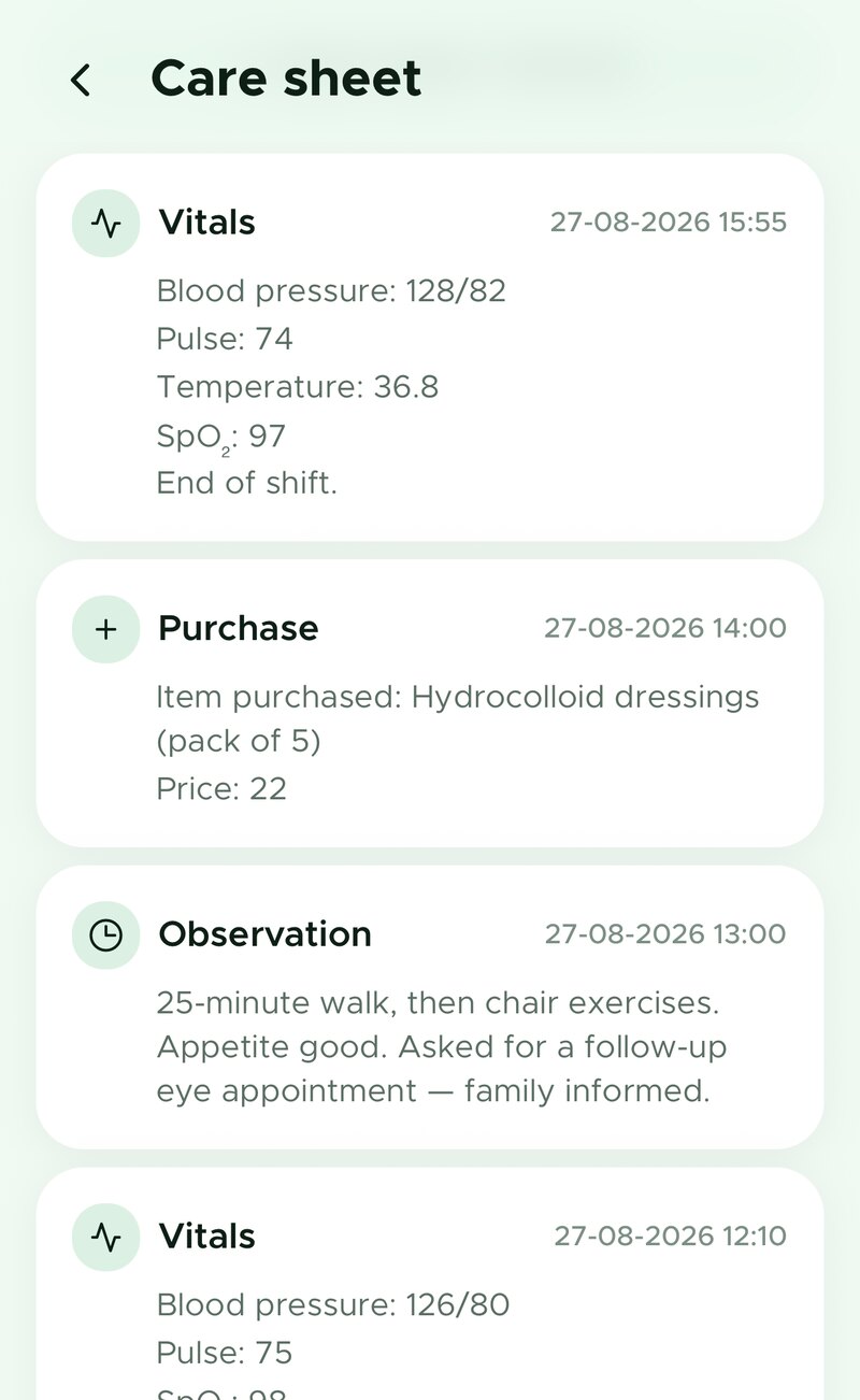 A care sheet listing timestamped entries: vitals, a purchase, an observation and wound care