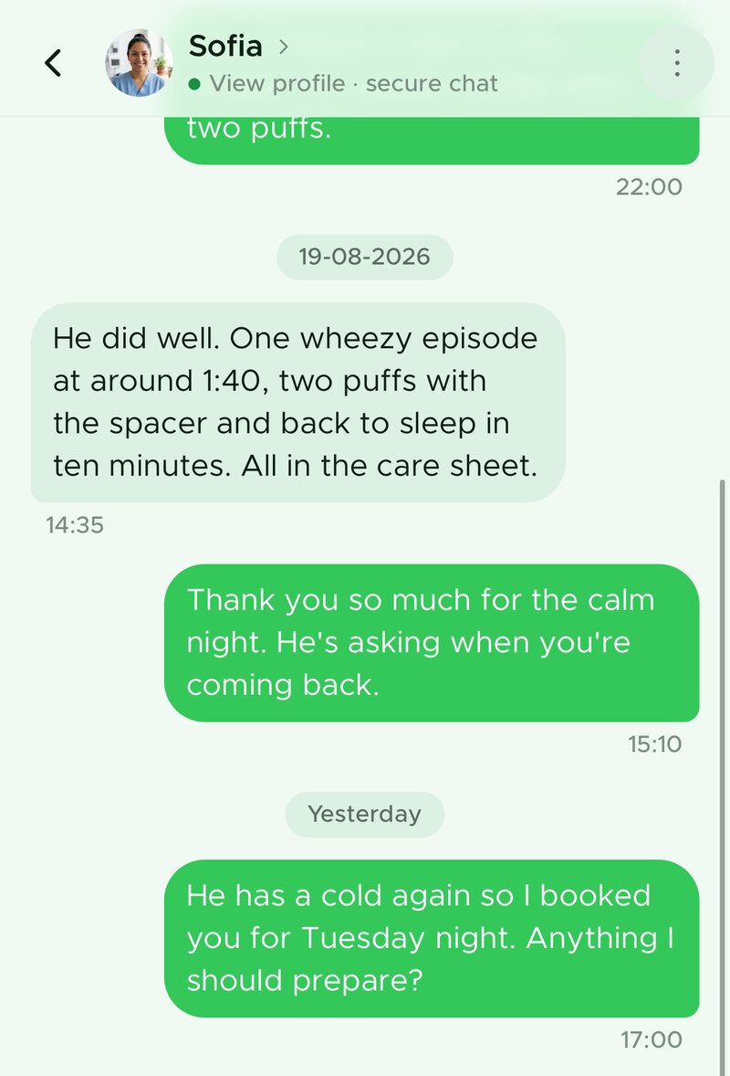 A secure chat between a family and a caregiver inside the SoftCare app