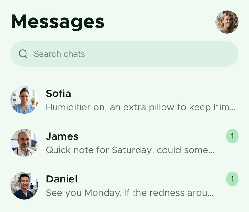 The SoftCare messages list showing conversations with four caregivers