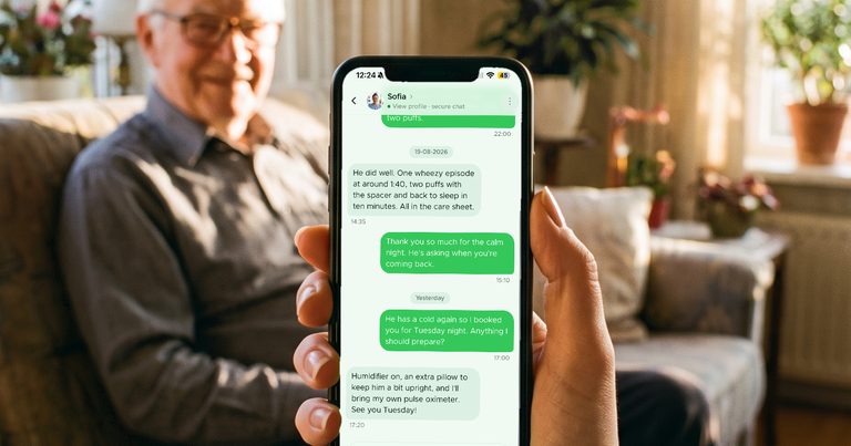A family member messaging a caregiver on her phone while her father rests on the sofa behind her