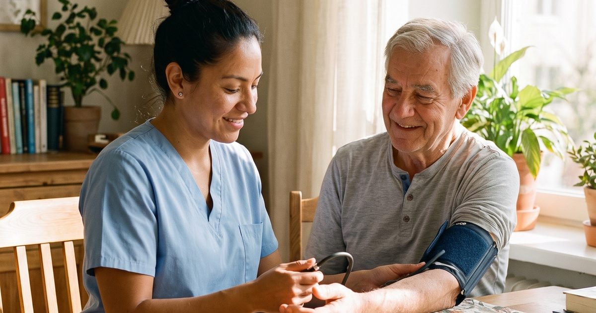 A home nurse taking an older man’s blood pressure at his kitchen table